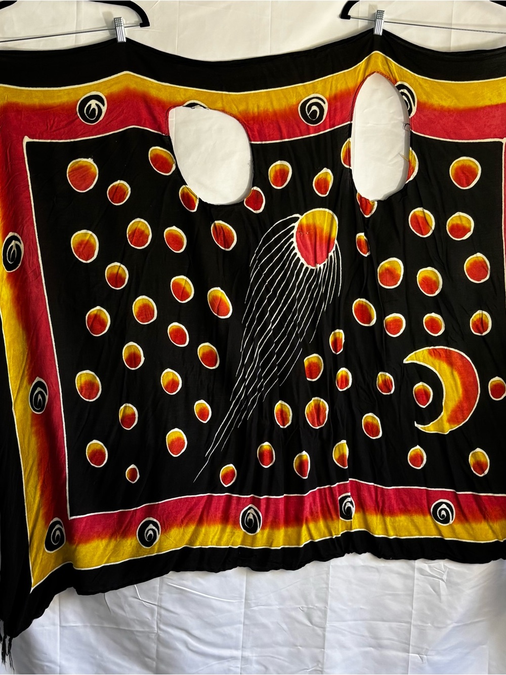 Black Celestial Print Short Sleeve Top with Red and Yellow Accents